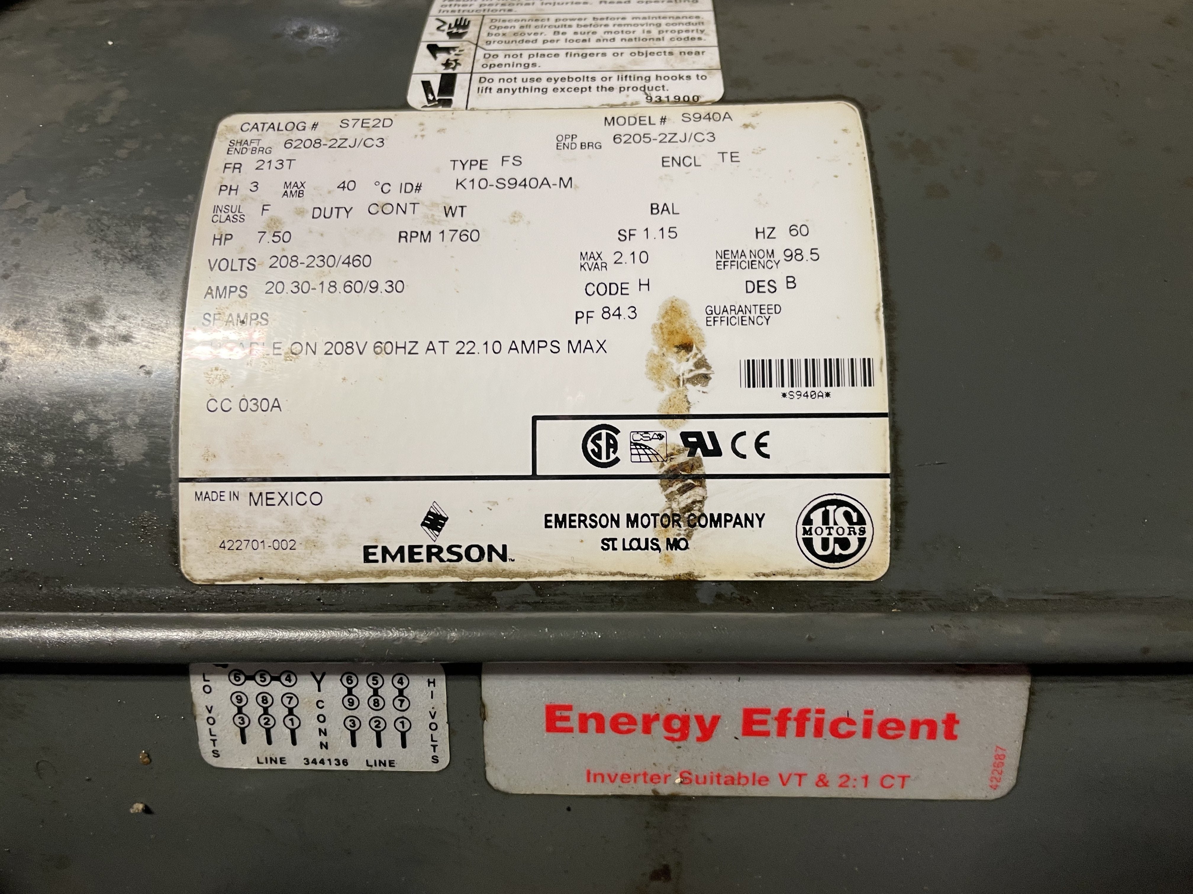Emerson Motor 7.5HP 230/460 Volt Inverter Ready for Stokes 328-2 Press