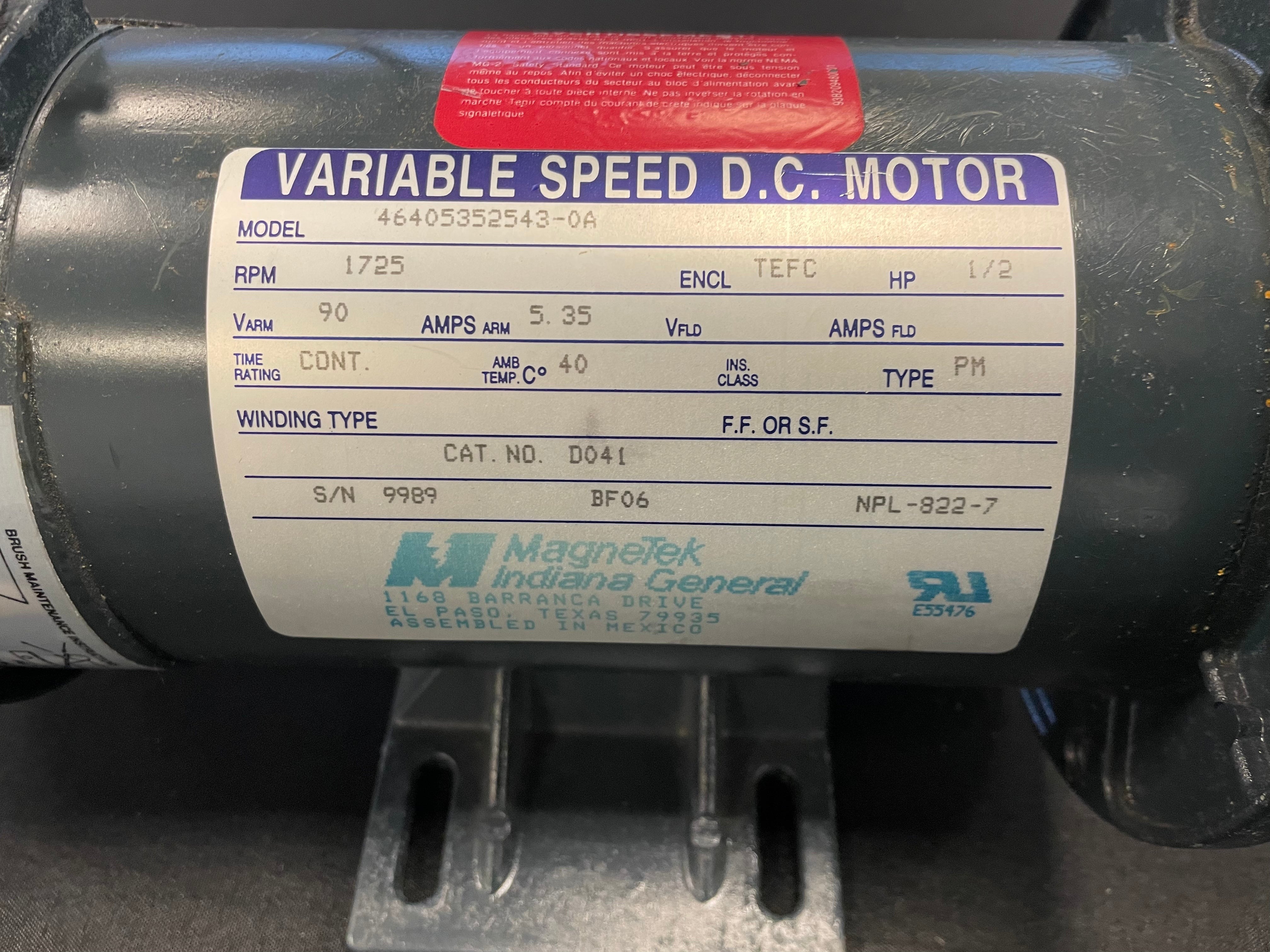 Variable Speed DC Motor 1/2 HP 1725 RPM, Model # 46405352543