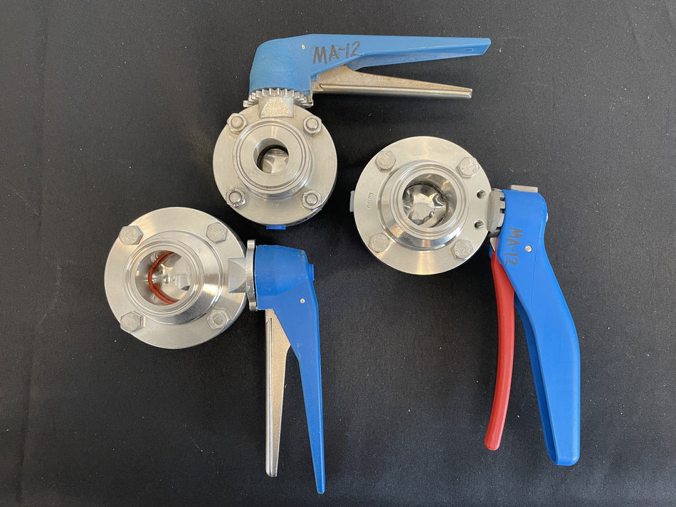 Lot of 3  Butterfly valves with 1.5" Quick Clamp Fittings.